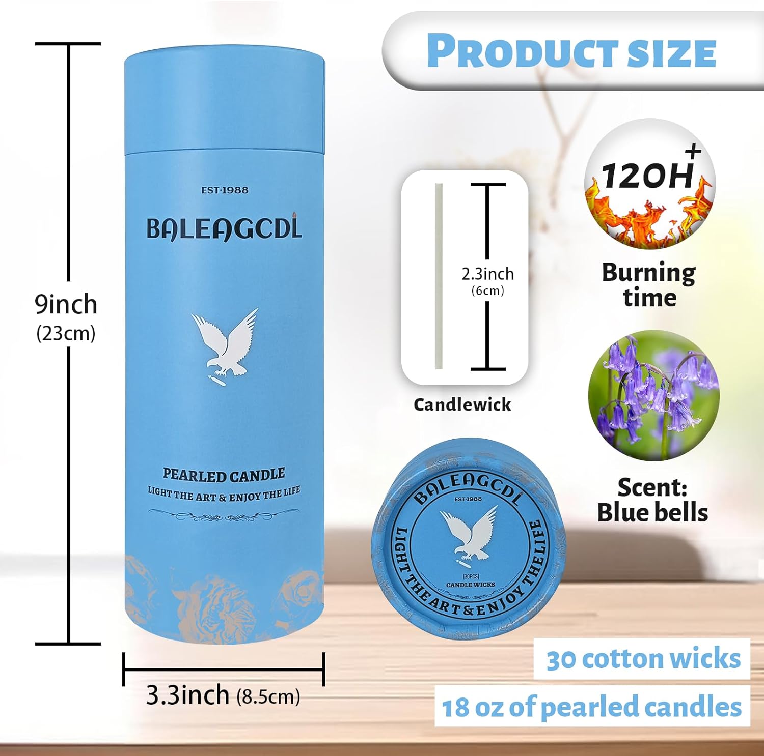 Bluebell Scented Light Blue Pearled Candle 18oz Luxury Sand Candle Granulated Wax - 30 Cotton Wicks
