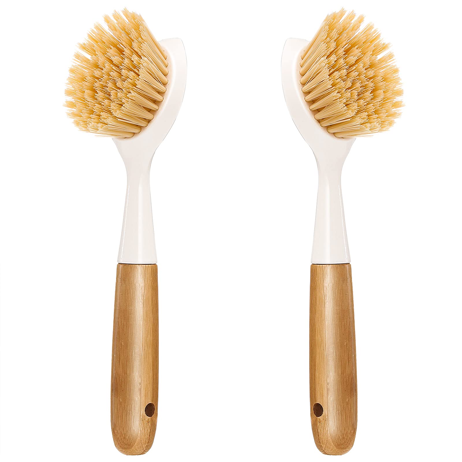 2 Pack Kitchen Dish Brush Bamboo Handle Dish Scrubber Built-in Scraper