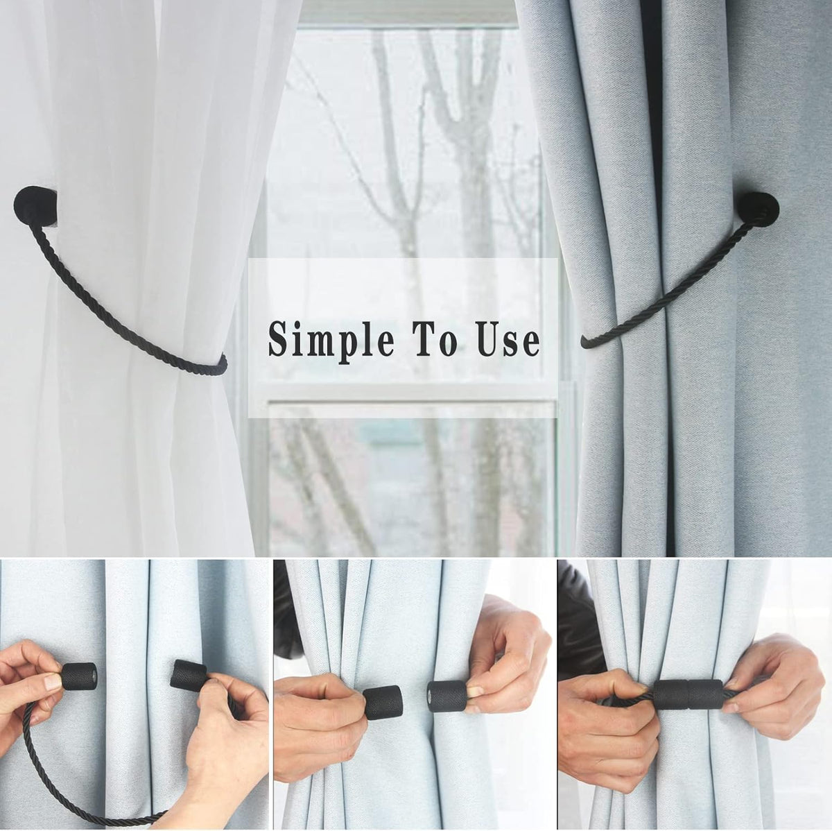 Magnetic Curtain Tiebacks 2 Pack Black Curtain Rope Tieback Curtain Holders for Drapes Modern Tie