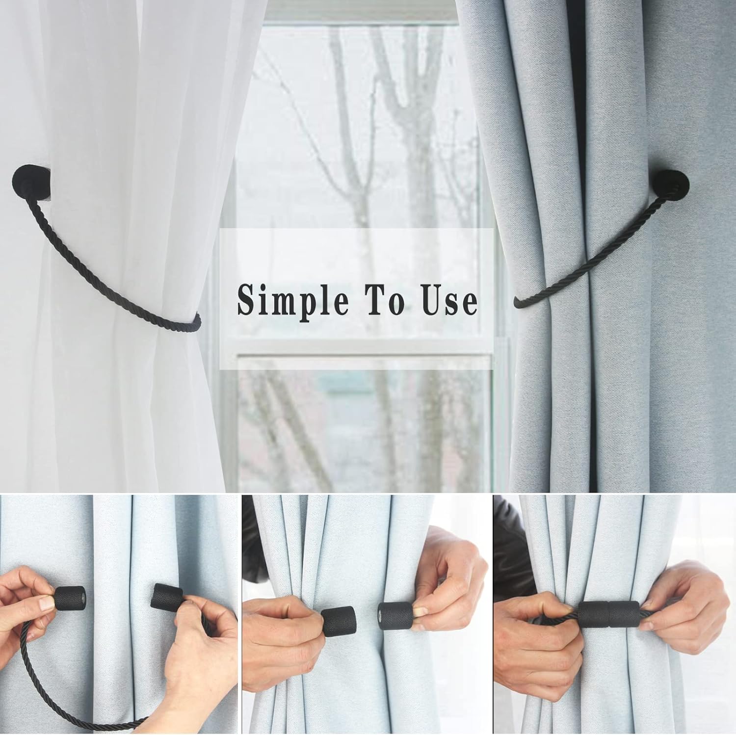 Magnetic Curtain Tiebacks 2 Pack Black Curtain Rope Tieback Curtain Holders for Drapes Modern Tie