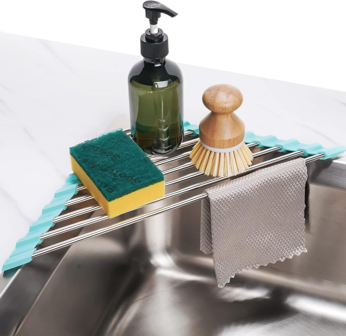 Tomorotec Green Triangle Roll-Up Dish Drying Rack for Sink Corner - Small, Foldable, Stainless