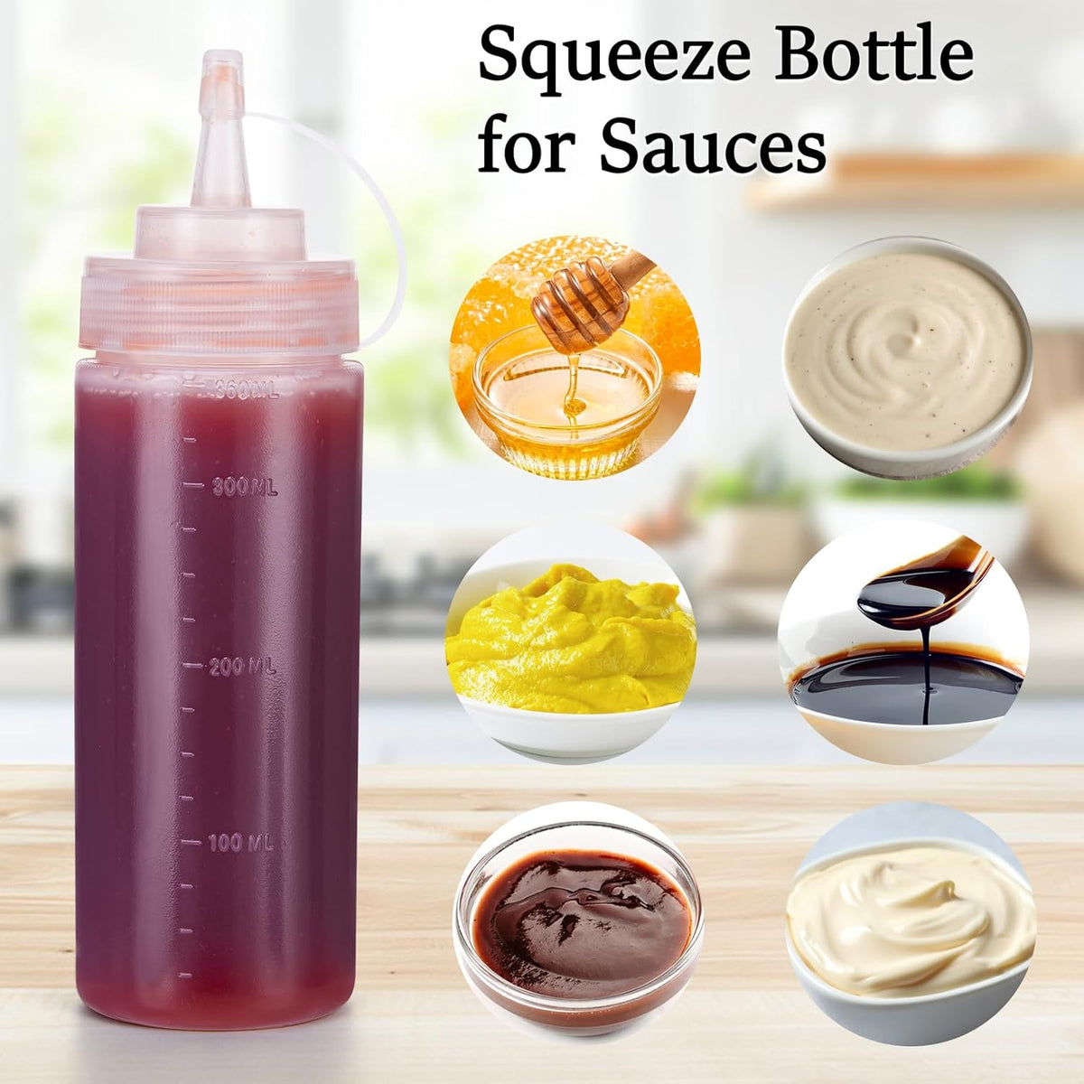 Condiment Squeeze Bottles Ketchup Dispenser, 6 Pack 12oz Squeeze Bottles for Liquids, Plastic Sauce