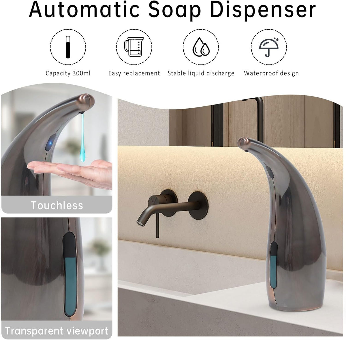Automatic Liquid Soap Dispenser,300ML Touchless 4 Gear Adjustable, Countertop Electric Battery