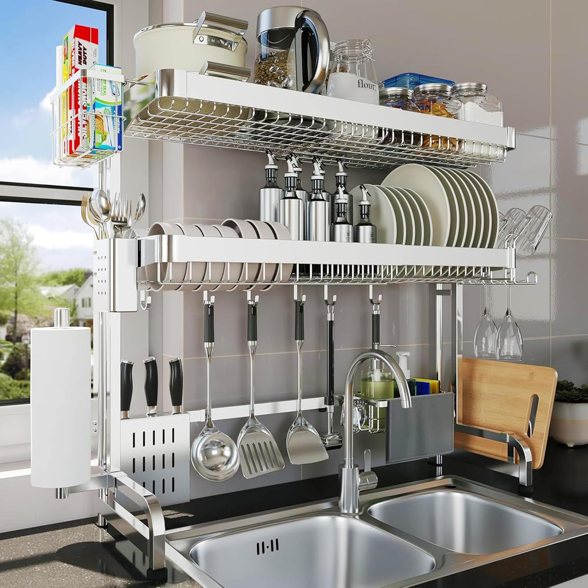 Over The Sink Dish Drying Rack,3 Tier Adjustable Length Full Stainless Steel Large Storage Kitchen
