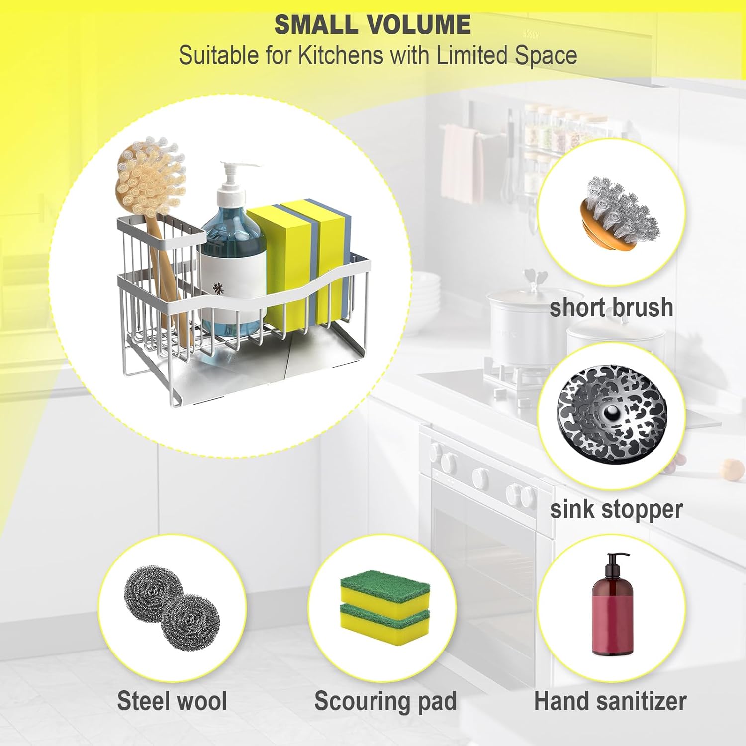 Maifan Sink Caddy Sponge Holder for Kitchen with Brush Holder and Stainless Steel Self Drain Tray
