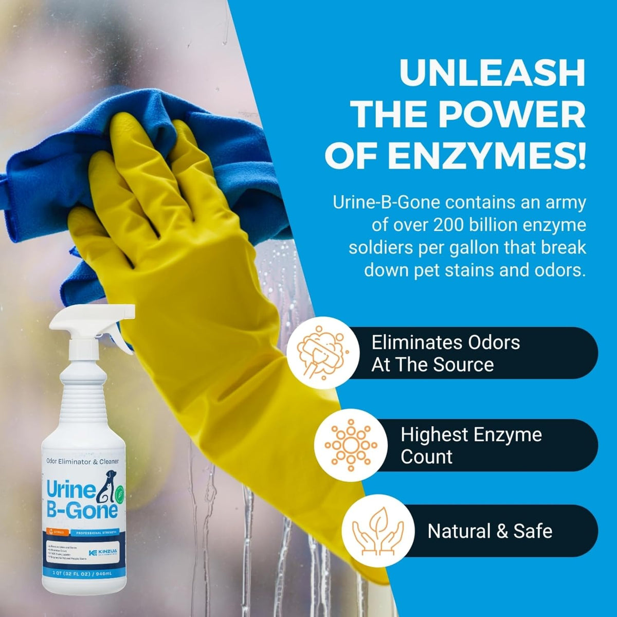 KINZUA ENVIRONMENTAL Urine B-Gone, Professional Enzyme Odor Eliminator & Pet Stain Remover, Human