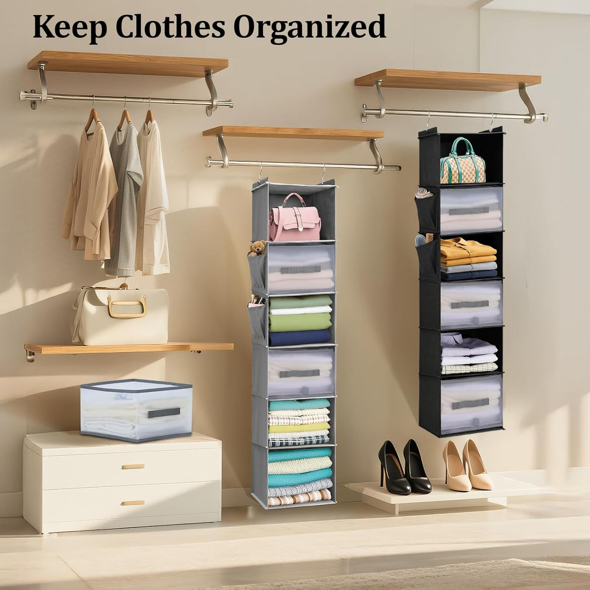 6-Tier Hanging Closet Organizer with 3 Drawers and Side Pockets – Multi-Functional Storage for