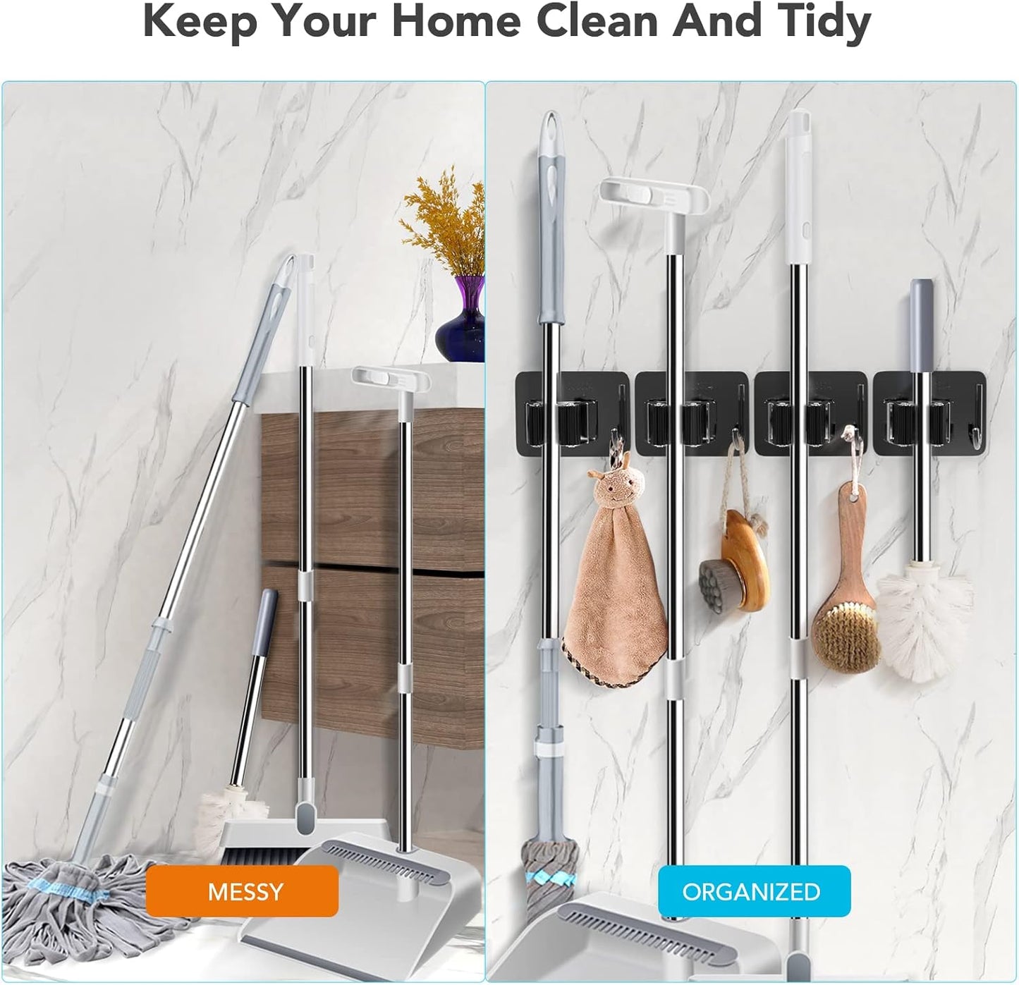 Mop Broom Holder No Drill, Mop Broom Organizer Wall Mounted Heavy Duty with Hooks Hanger, Self