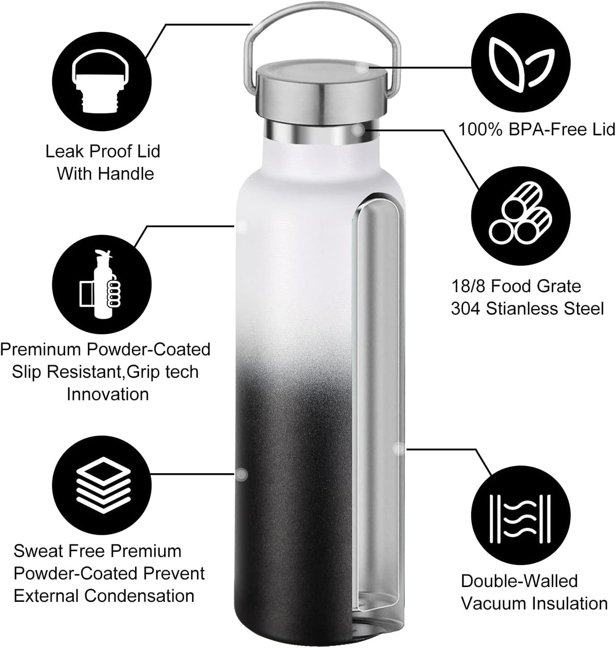 Neihepal 20 oz Insulated Water Bottles Bulk 2 Pack,Stainless Steel Double Wall Sport Bottle with