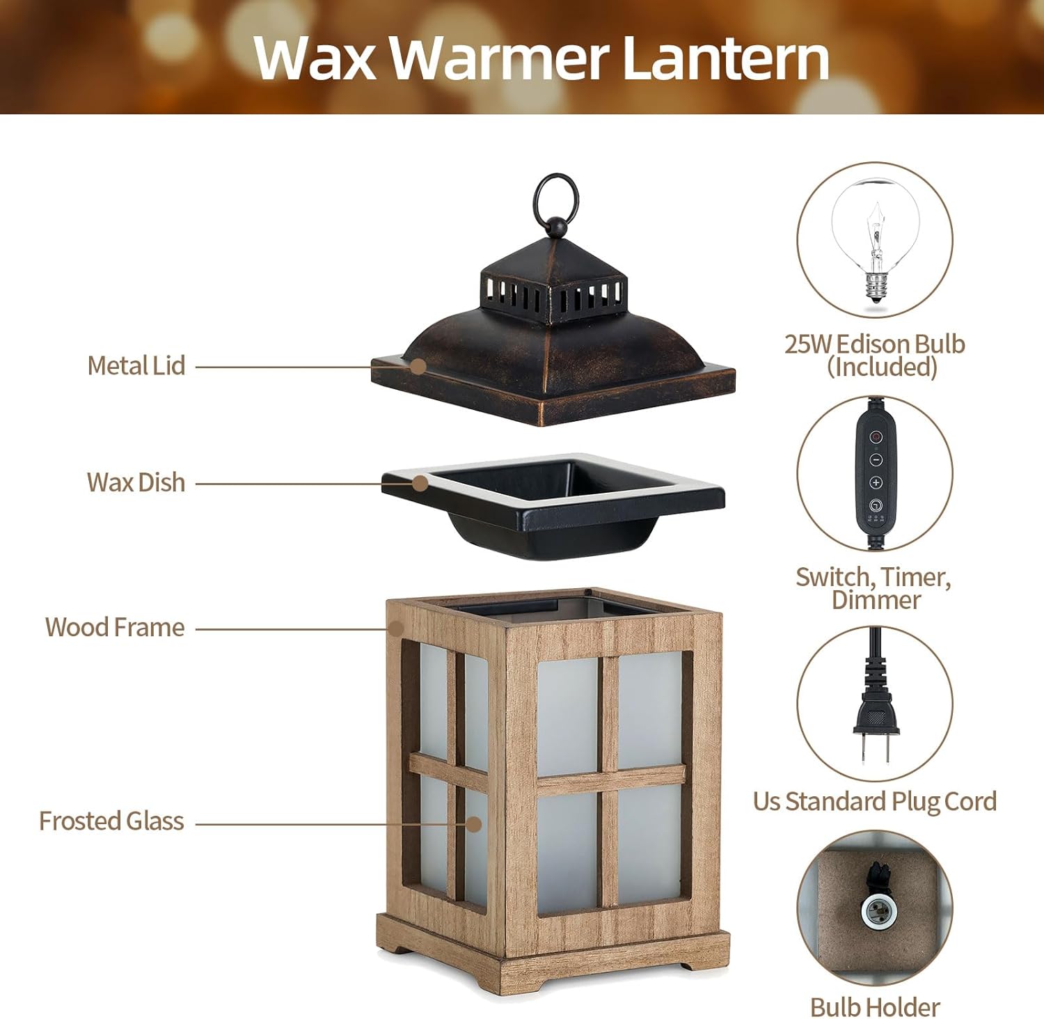 Wax Melt Warmer with Timer: Farmhouse Lantern Candle Warmer Electric Tart Burner with Lid for