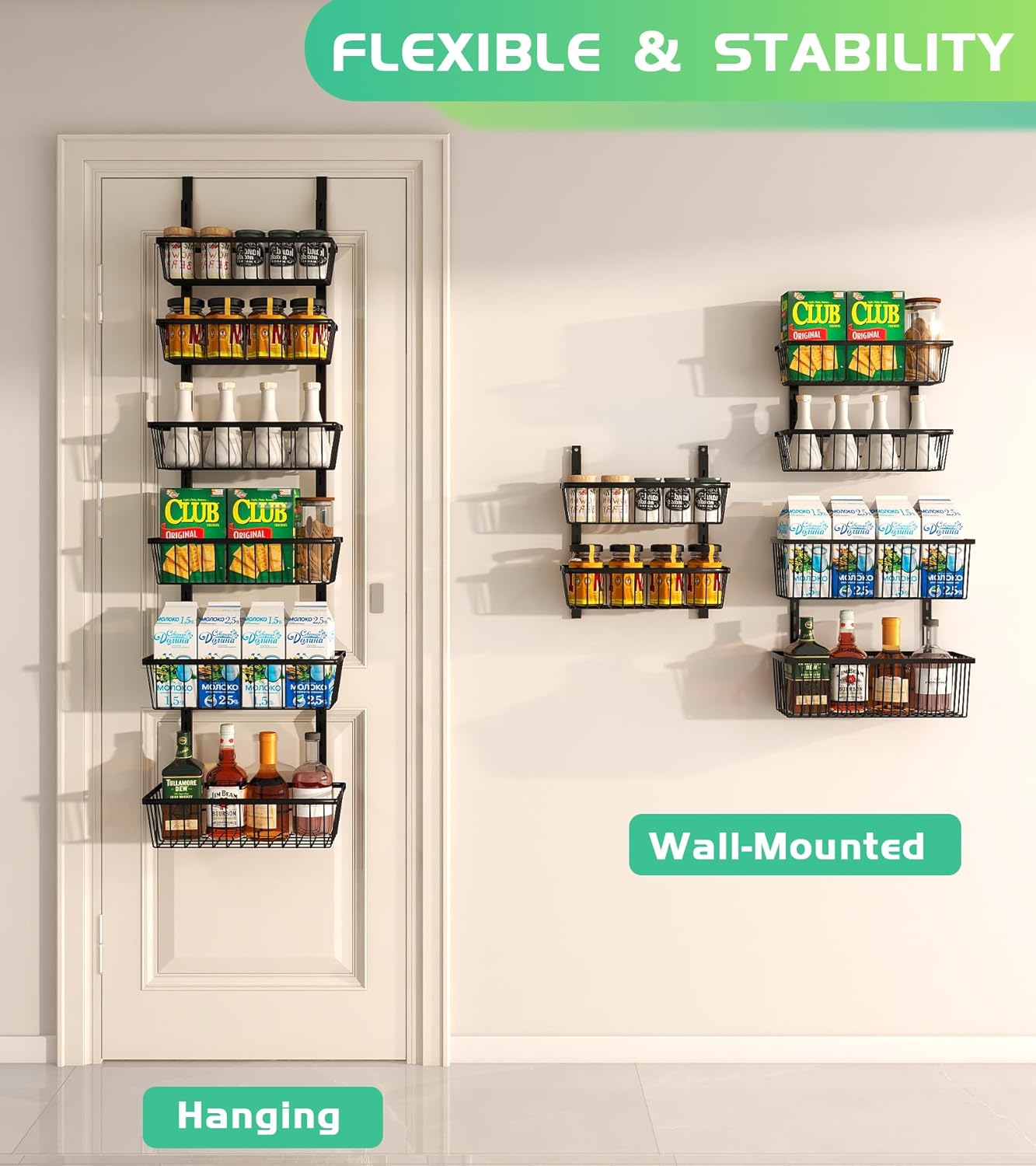 12 Inch Wide Narrow Over The Door Pantry Organizer, Pantry Organization and Storage, Black Metal