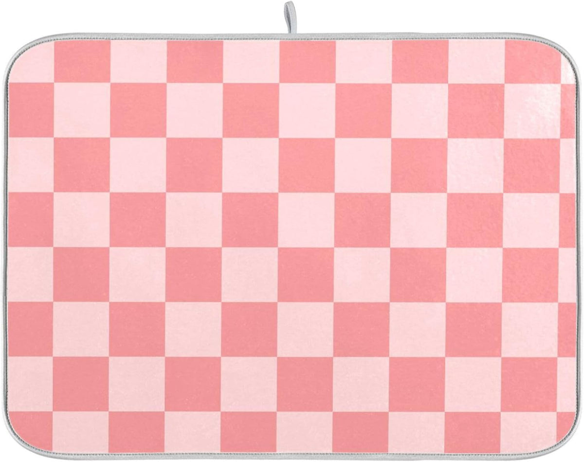 Buffalo Plaid Pink Dish Drying Mat for Kitchen Countertop 16x18 Chessboard Rectangle Small Drying