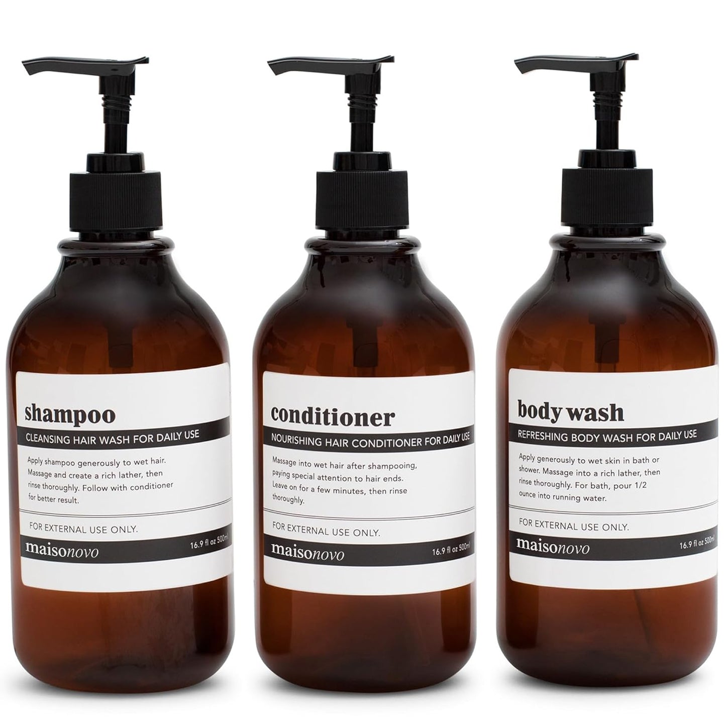 MaisoNovo Refillable Shampoo and Conditioner Bottles | 16.9 fl oz Set of 3 Amber Plastic Bottles