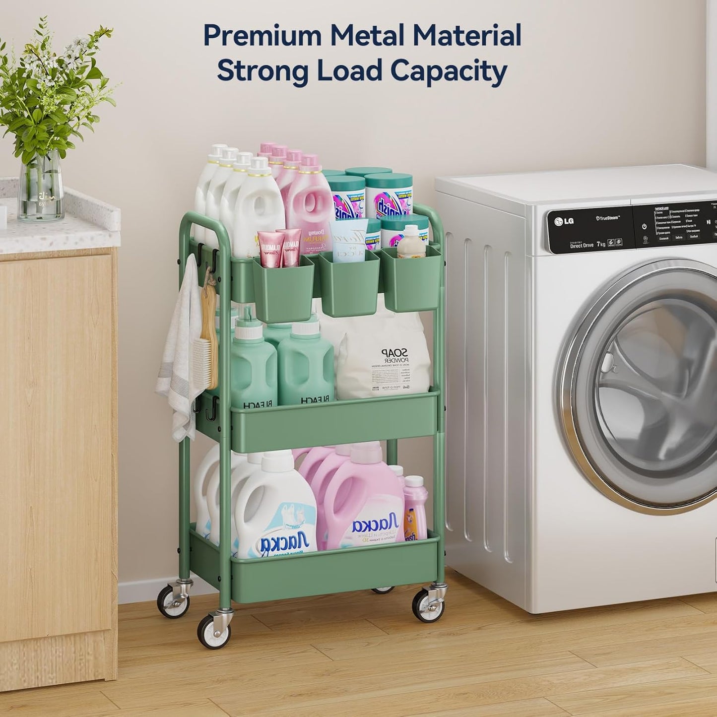 YASONIC 3-Tier Rolling Cart, Green, 66 Pounds Capacity, Mesh Storage Organizer with Lockable