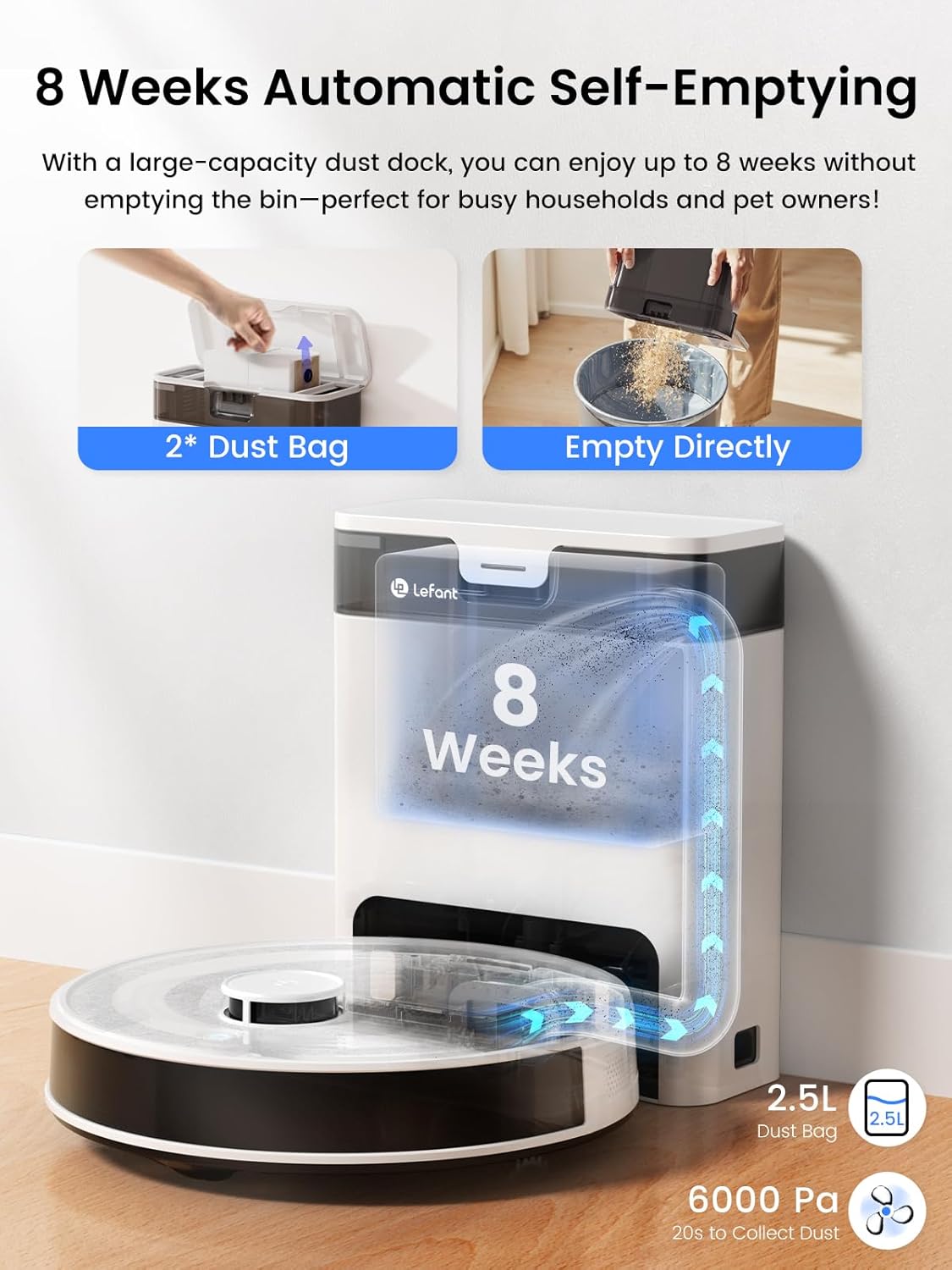 Lefant Robot Vacuum and Mop Combo, 8 Weeks Self-Emptying with Dual Dustbin Options, 6000Pa LiDAR