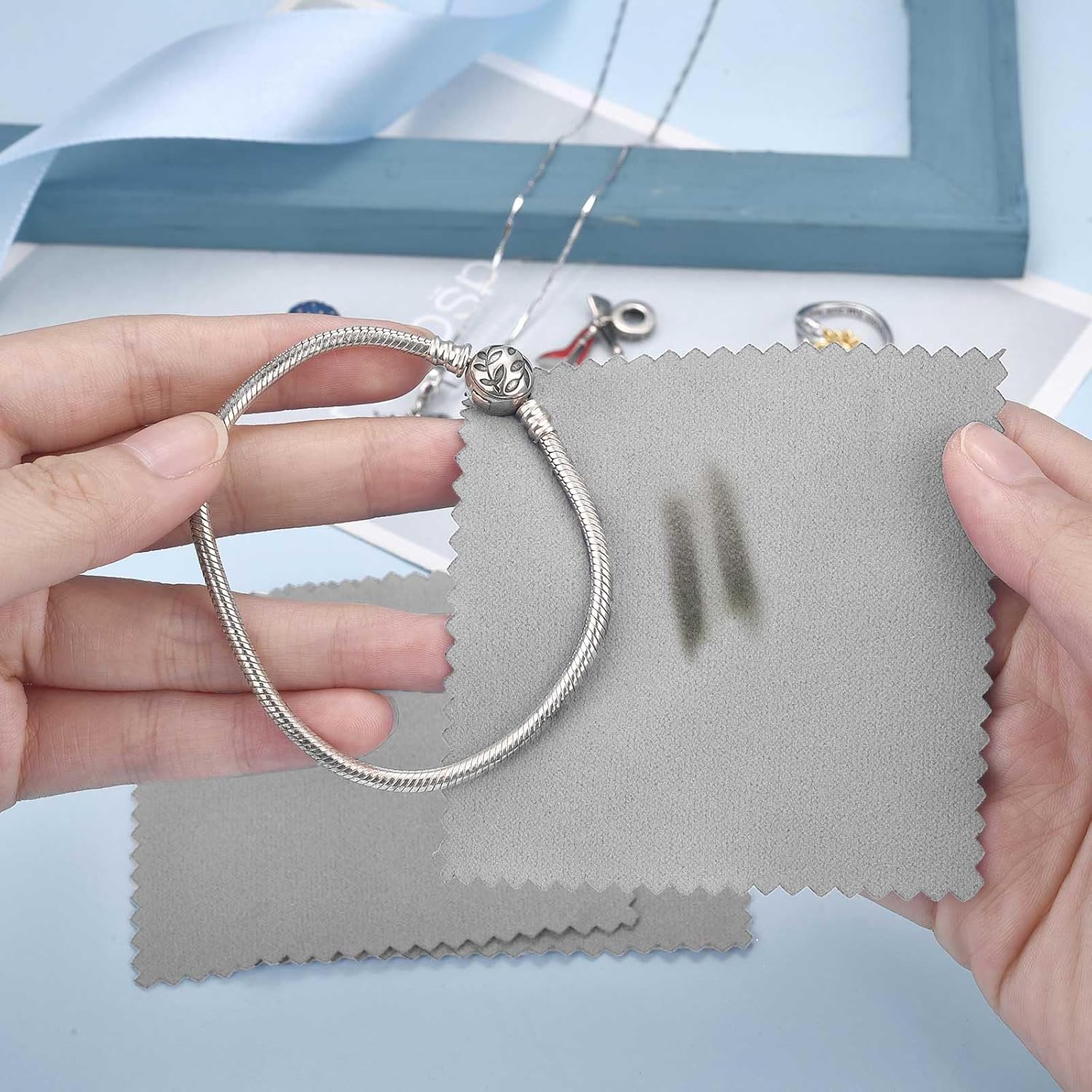 SEVENWELL 50pcs Jewelry Cleaning Cloth Gray Polishing Cloth for Sterling Silver Gold Platinum Small