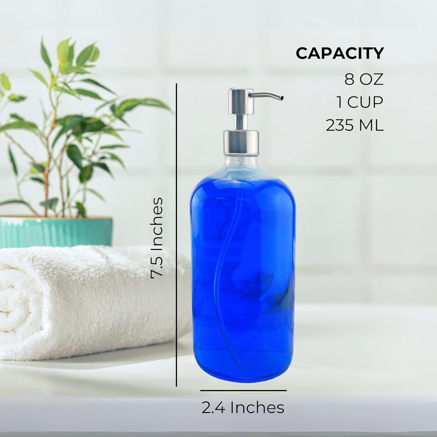 Cornucopia Brands 8-Ounce Clear Glass Boston Round Bottles w/Stainless Steel Lotion Pumps (4-Pack);