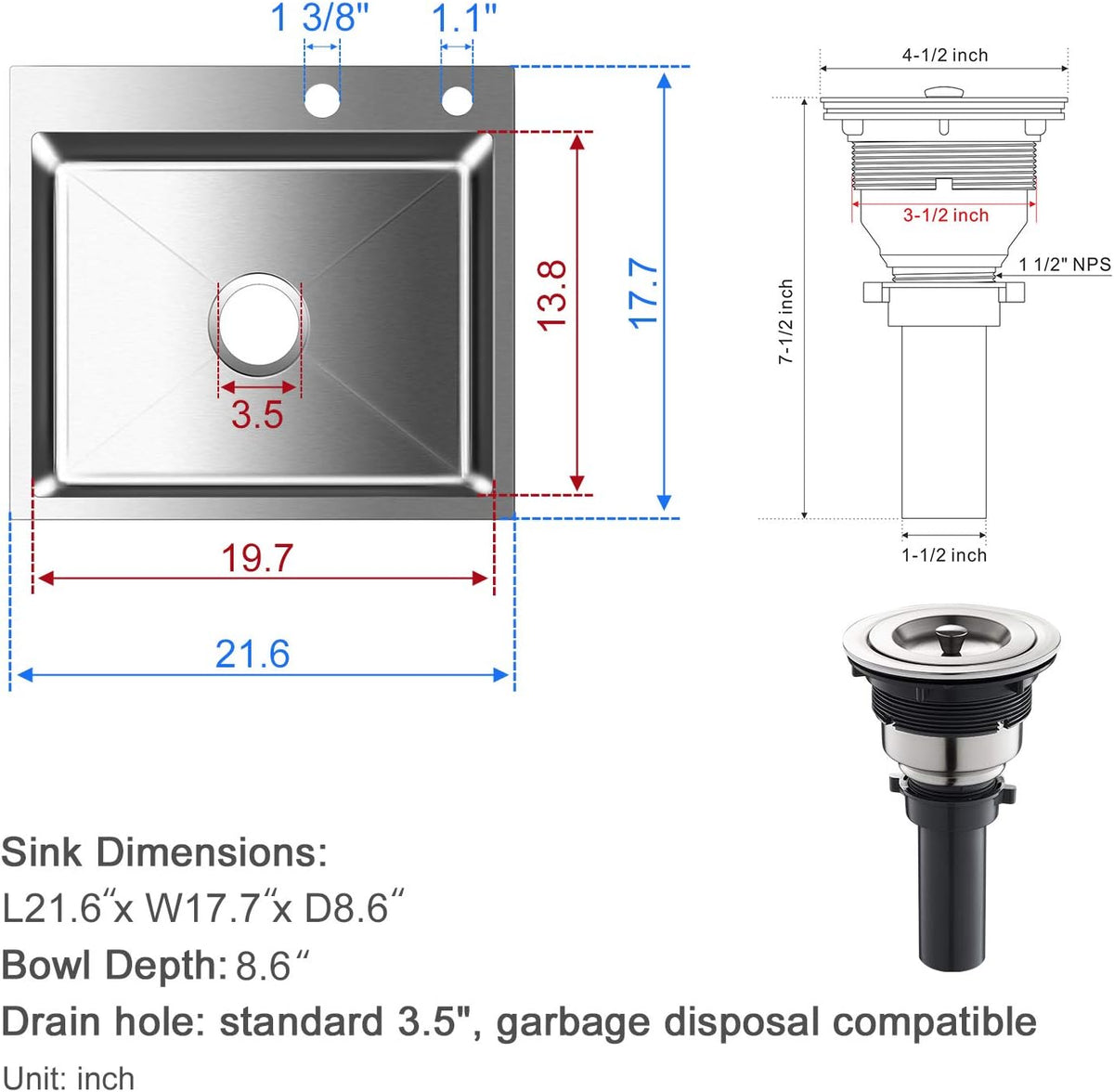21.6x17.7 inch Drop in Kitchen Sink, Handmade 304 Stainless Steel Sink with 2 Holes, 8.6" Deep