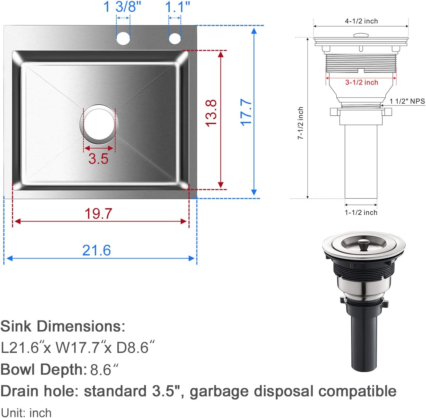 21.6x17.7 inch Drop in Kitchen Sink, Handmade 304 Stainless Steel Sink with 2 Holes, 8.6" Deep