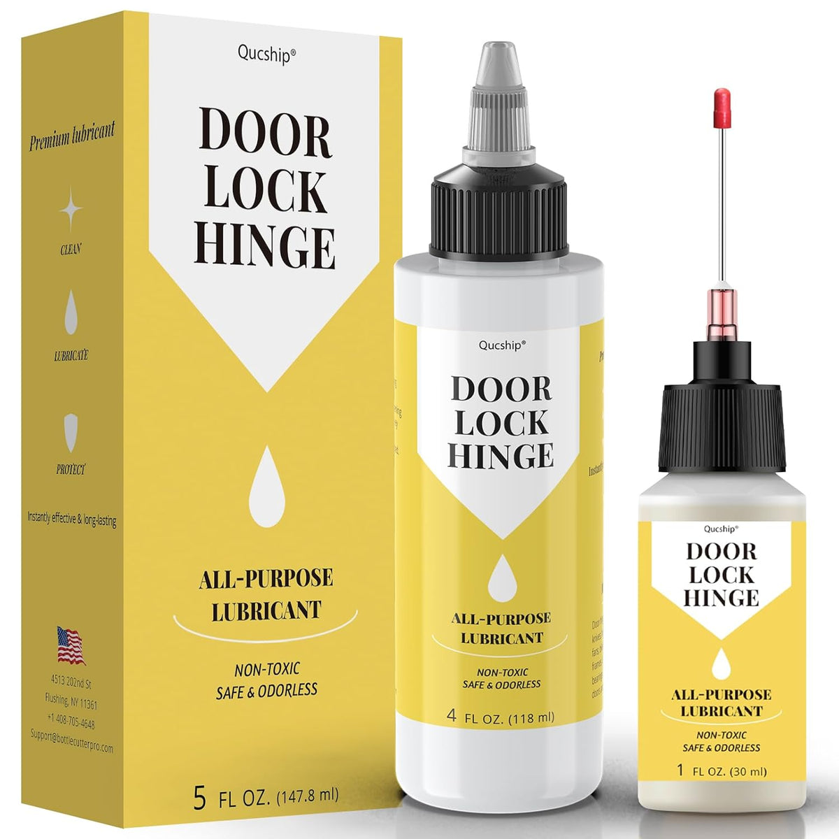 Qucship Upgraded Squeaky Hinge & Lock Lubricant Kit - 4 oz + 1 oz Needle Combo, Long-Lasting for