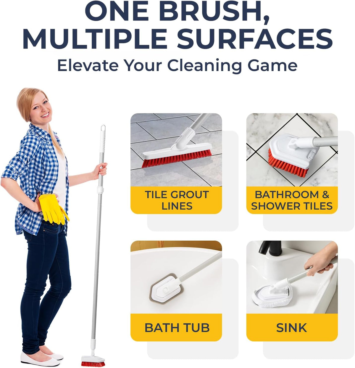 Shower Scrubber with Long Handle, Stiff Bristles Grout-Brush, Tub Scrub-Brush with Long-Handle