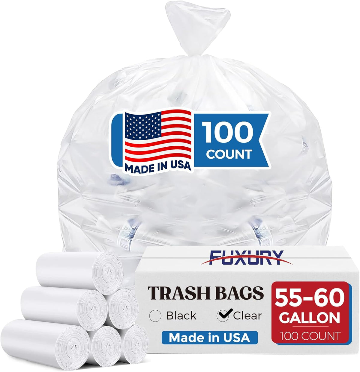 Fuxury 55-60 Gallon Heavy Duty Trash Bags, 100 Count Clear Garbage Bags, 23 Mic Thick, 38x58 in