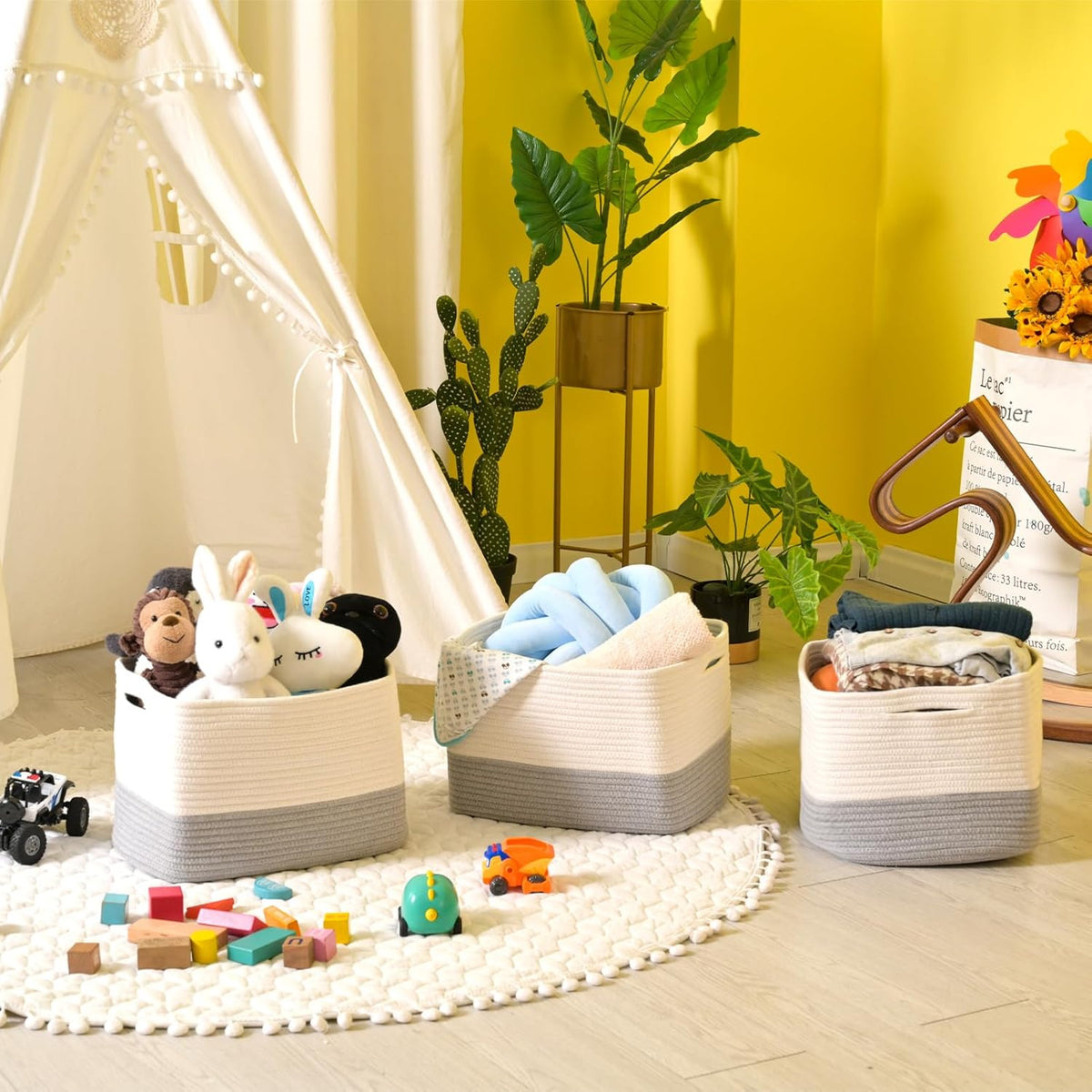 Storage Baskets for Organizing Shelves, Woven Cotton Rope Bins for Baby Nursery Organization, Book