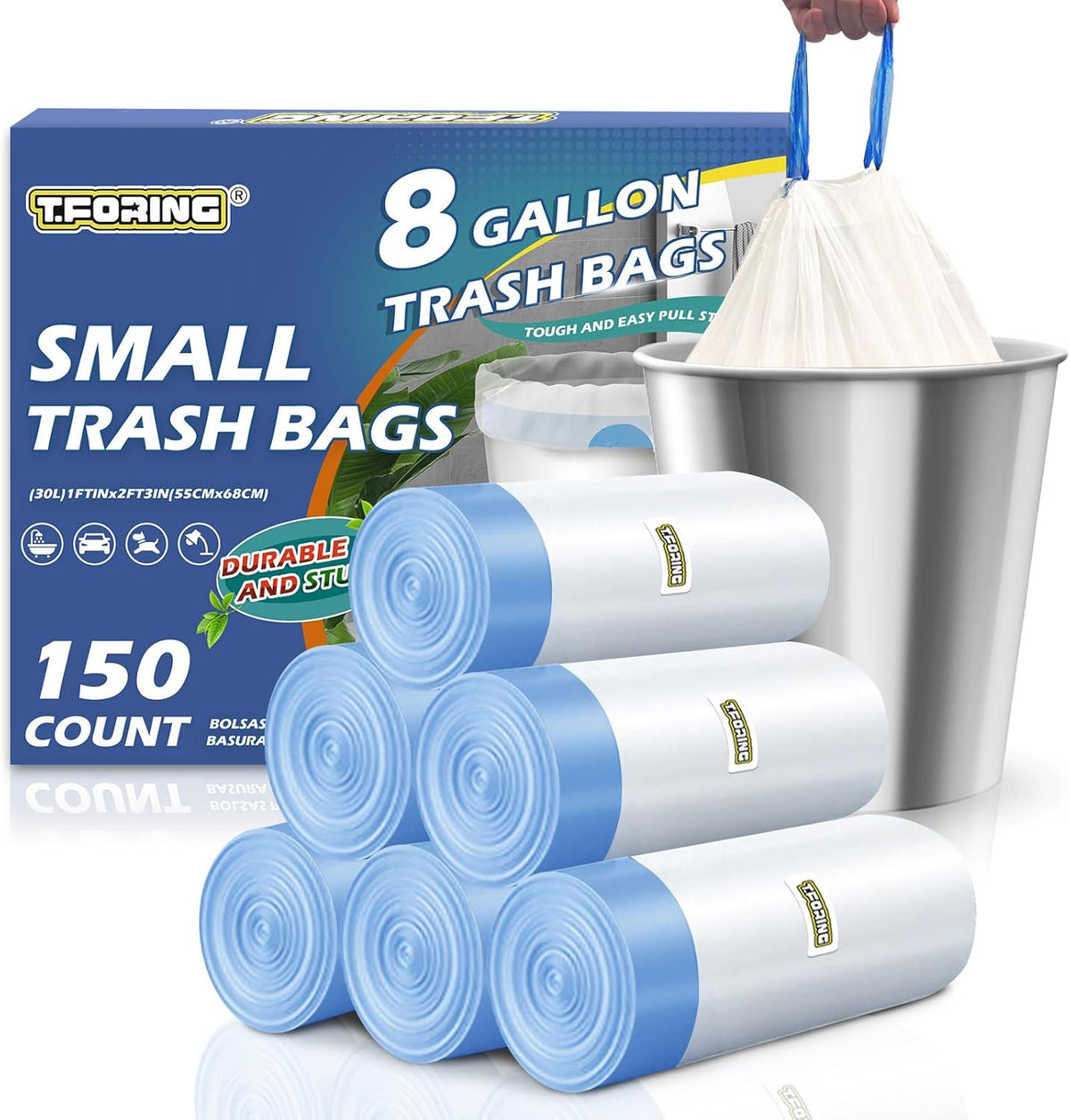 150 Count 8 Gallon Trash Bags Drawstring - 1.2 Mil Heavy Duty Medium Garbage Bags Unscented, 30