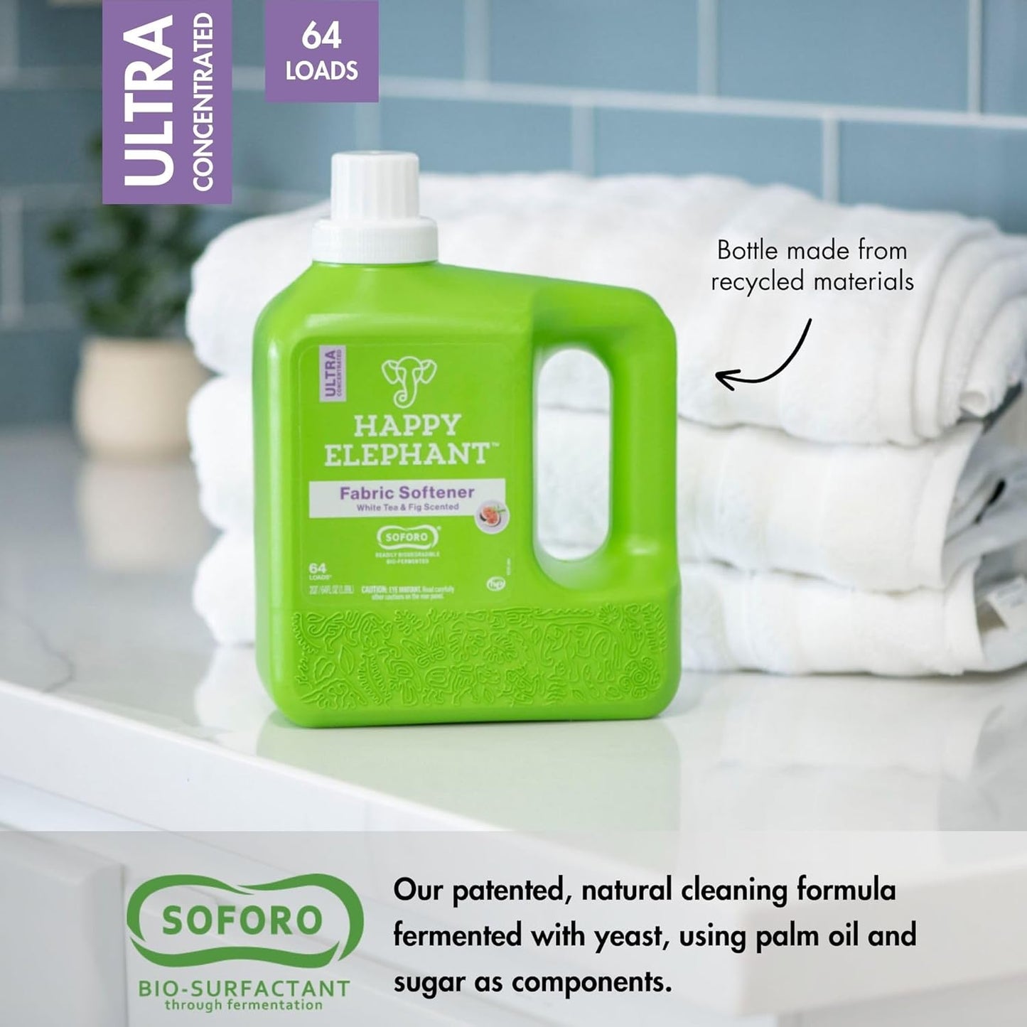 Happy Elephant Fabric Softener, White Tea & Fig Scent, Natural Biodegradable Liquid Fabric