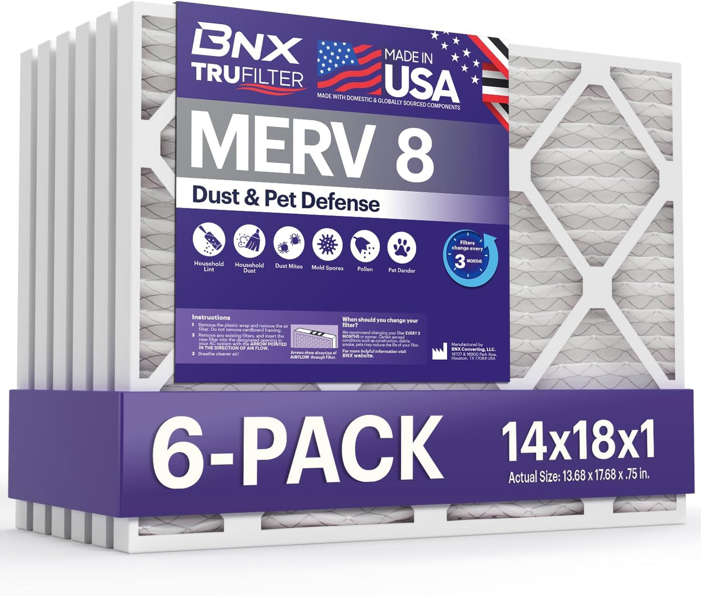 BNX TruFilter 14x18x1 Air Filter MERV 8 (6-Pack) - MADE IN USA – Dust & Pet Defense Electrostatic