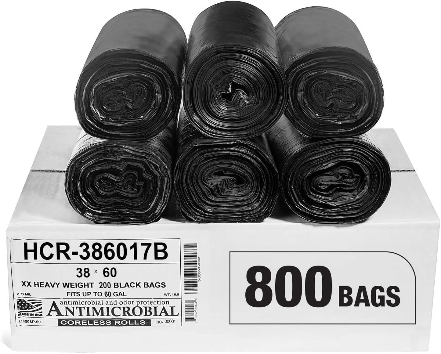 Aluf Plastics High Density Trash Bags, 60 Gallon, 800 Count, 17 Micron (eq), 38" x 60", Black, for