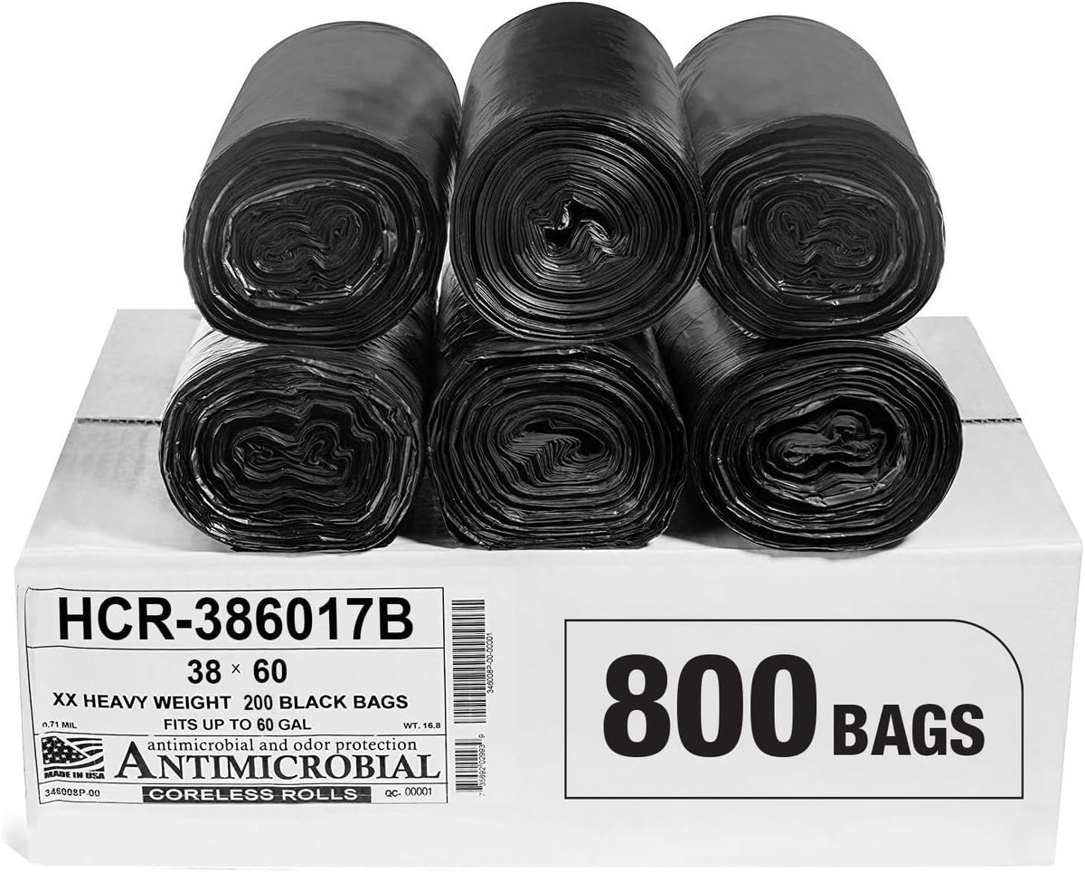 Aluf Plastics High Density Trash Bags, 60 Gallon, 800 Count, 17 Micron (eq), 38" x 60", Black, for