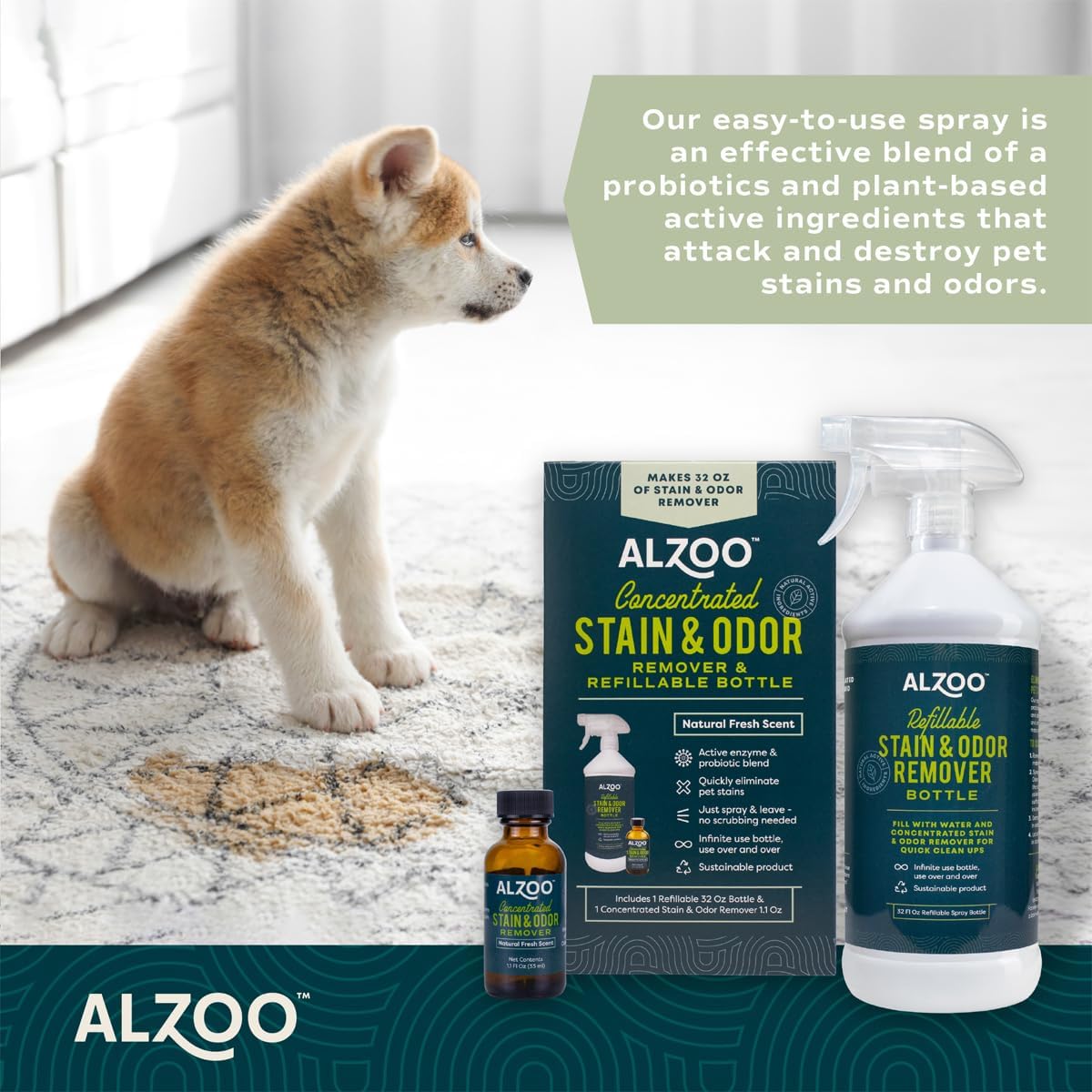 ALZOO Concentrated Stain & Odor Remover Bundle Bottle Set, Includes 32 Fl. Oz Refillable Bottle &