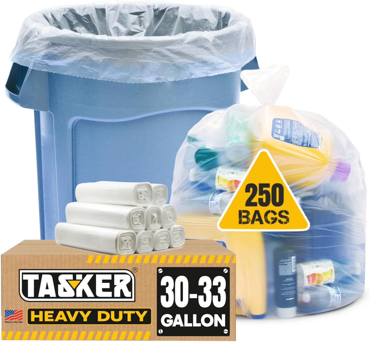 Tasker 30-33 Gallon Clear Trash Bags Heavy Duty (Mega ValuePack 250 Bags) Large Plastic Bags, Great