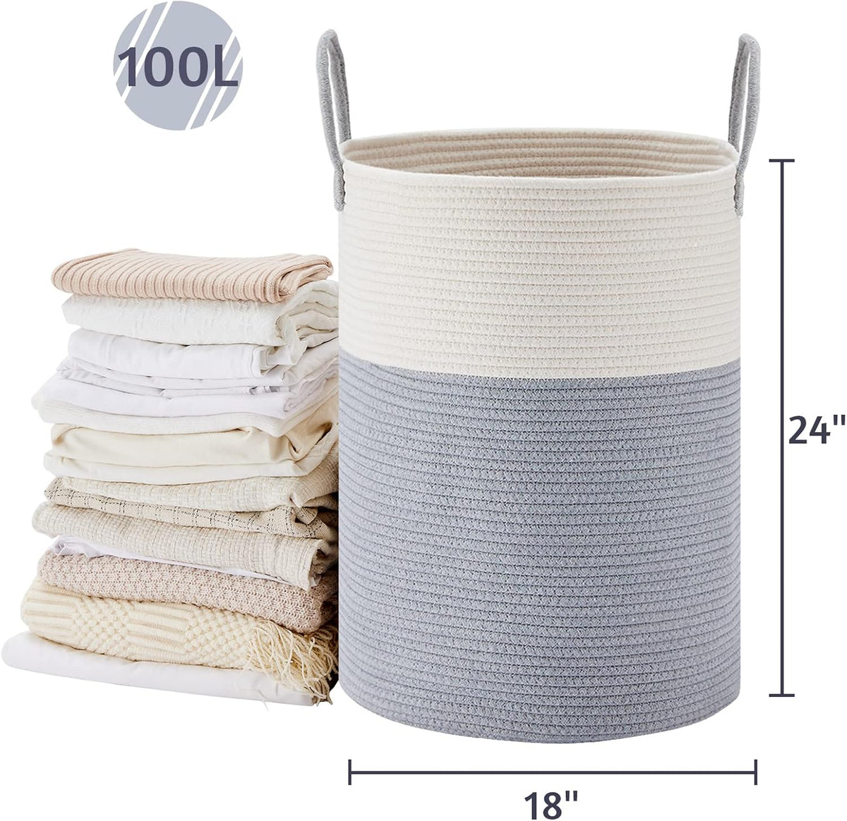 VIPOSCO Large Laundry Hamper, Tall Woven Rope Storage Basket for Blanket, Toys, Dirty Clothes in