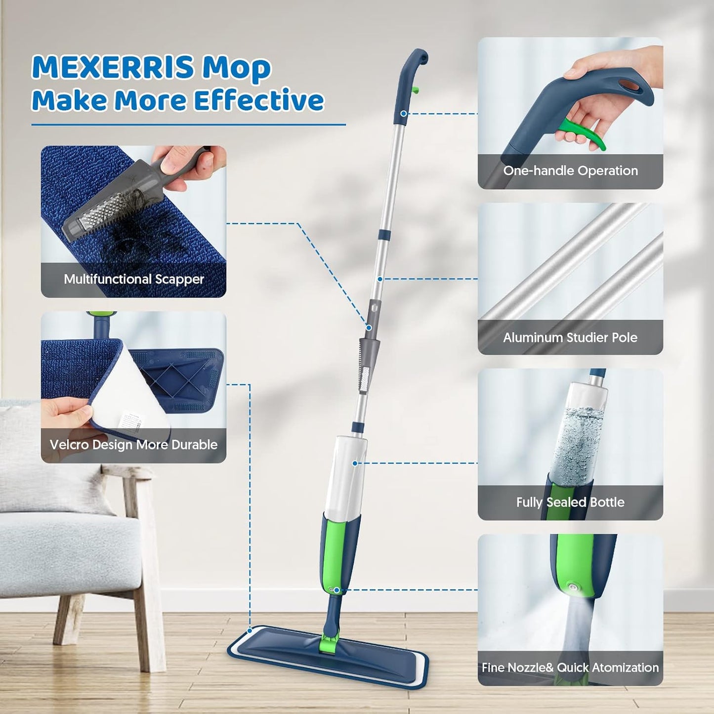 MEXERRIS Spray Wet Mops with 5X Washable Pads for Floor Cleaning, Dust Mops with 2X Bottles