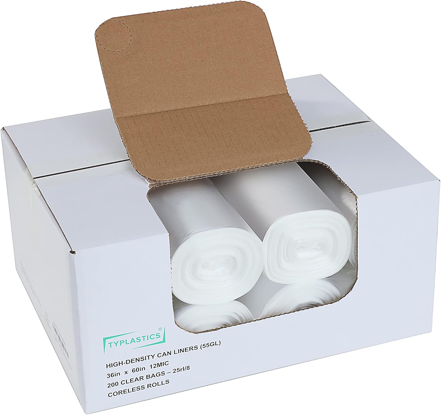 TYPLASTICS 55 Gallon Clear Trash Can Liners - 36" x 60" - High Density Garbage Bags - Case of 200