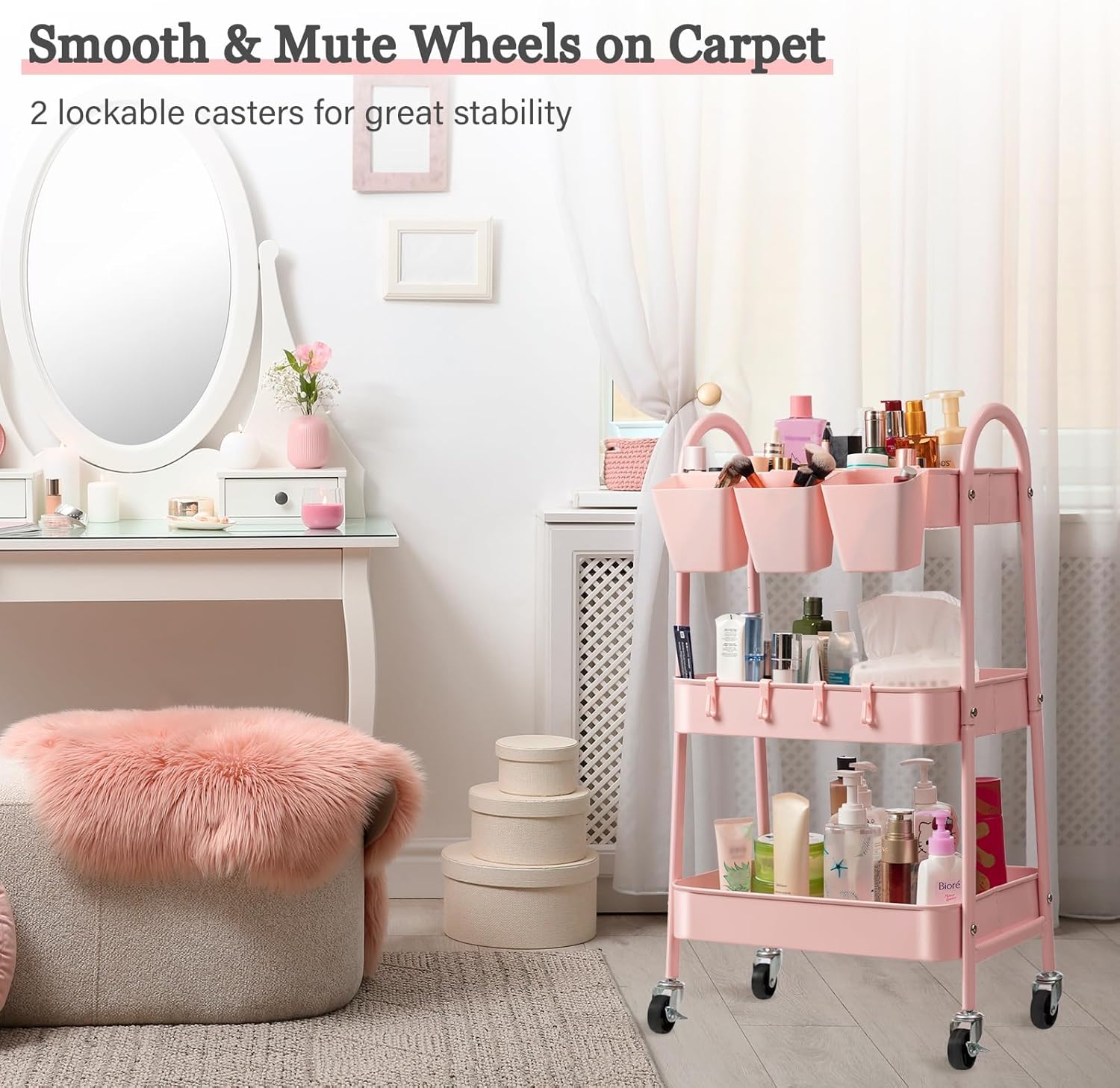 Danpinera 3-Tier Rolling Cart, Metal Storage Cart with Lockable Wheels, Hanging Cups & Hooks