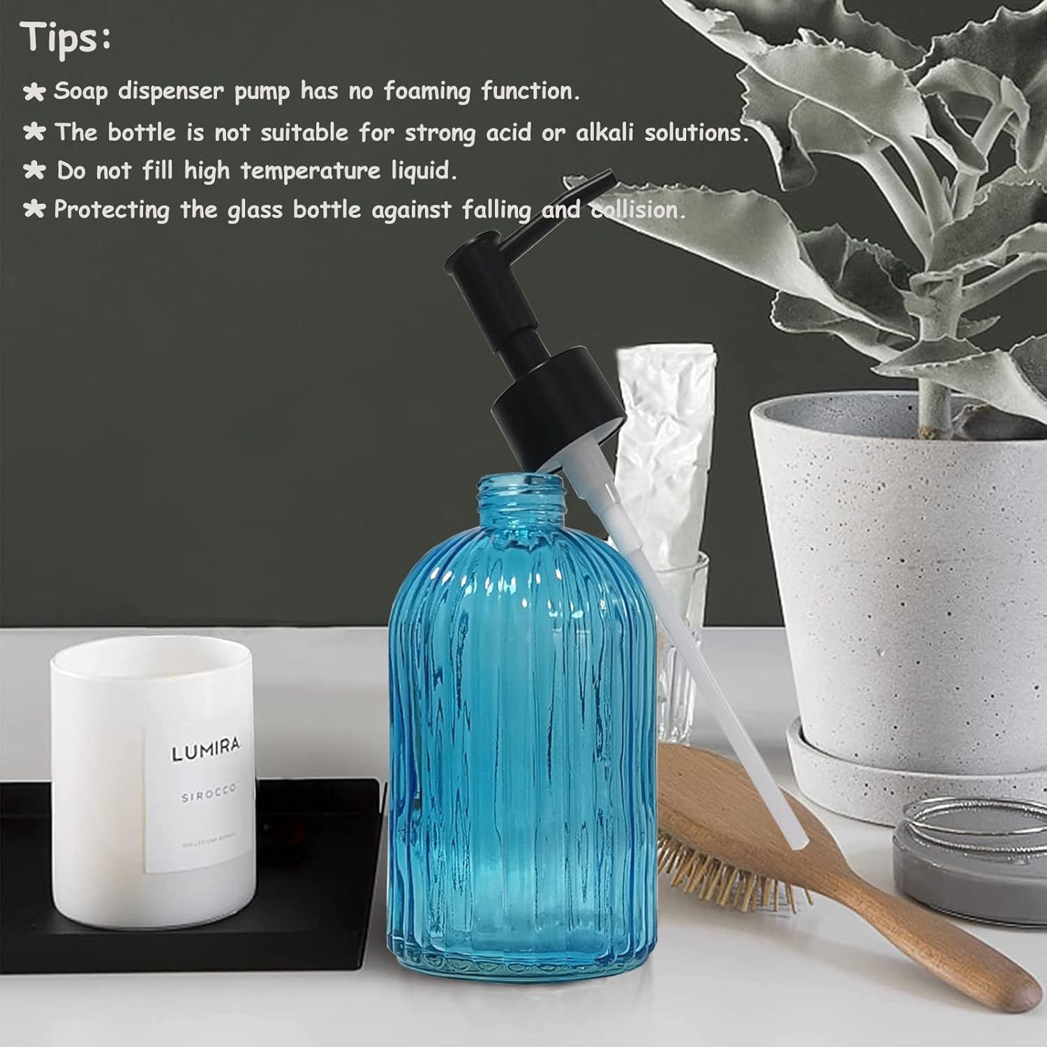 Blue Glass Soap Dispenser Set with Black Pump, 13.5oz Refillable Hand Dispenser, Lotion Dish Soap