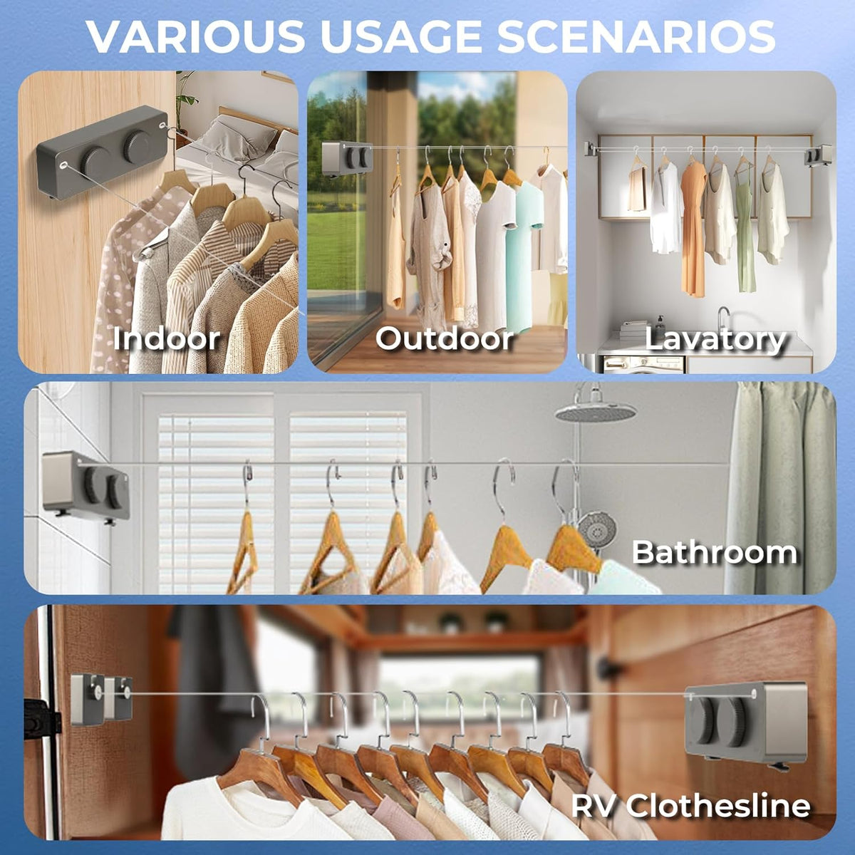 Retractable Clothesline Indoor Outside Heavy-Duty, Upgrade 304 Double Stainless Steel Shower Room