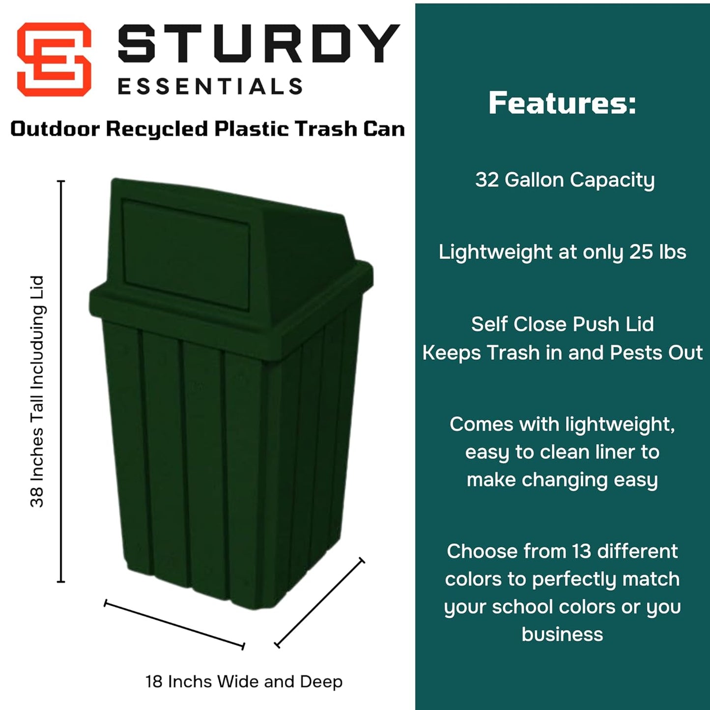 32 Gallon Square Slatted 100% Recycled Plastic Heavy-Duty Commercial Outdoor or Indoor Trash Can