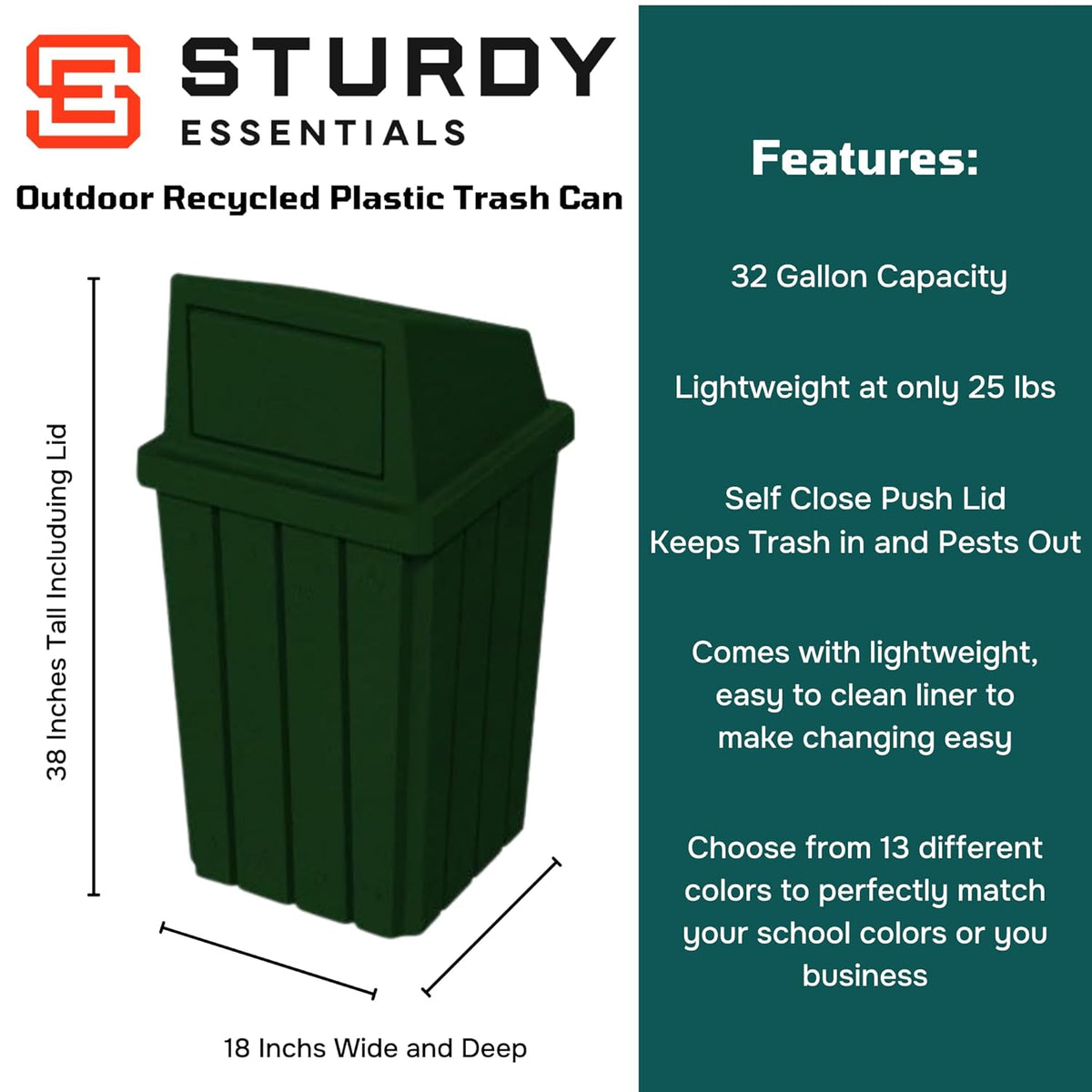 32 Gallon Square Slatted 100% Recycled Plastic Heavy-Duty Commercial Outdoor or Indoor Trash Can