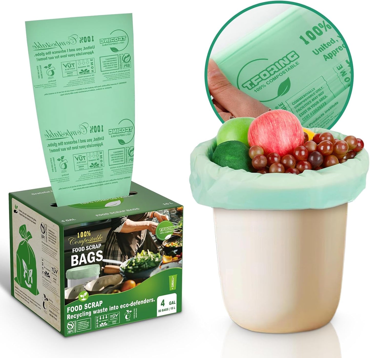 Compostable Trash Bags, 3-4 Gallon, 15 L, Extra Thick 0.8 Mil, Small Kitchen Food Scrap Waste Bags