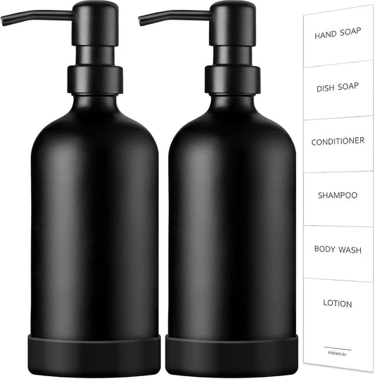 GMISUN Black Soap Dispenser with Silicone Sleeve Boot, 2 Pack Glass Bathroom Hand Soap Dispensers
