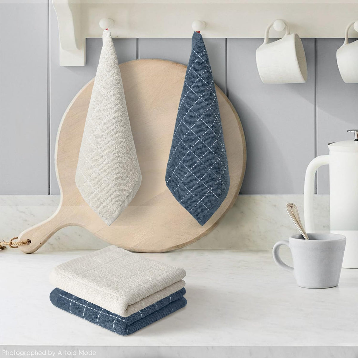 Artoid Mode Checkered Designed Cotton Beige Grey Terry Kitchen Dish Cloths, 12x12 Inch Soft