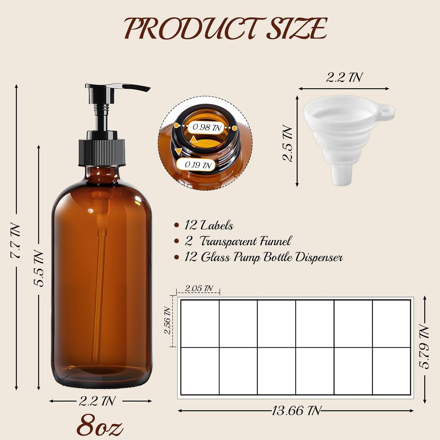 12 Pack Amber Glass Bottles 8oz with Pump Dispensers, Refillable Empty Pump Bottles for Bathroom