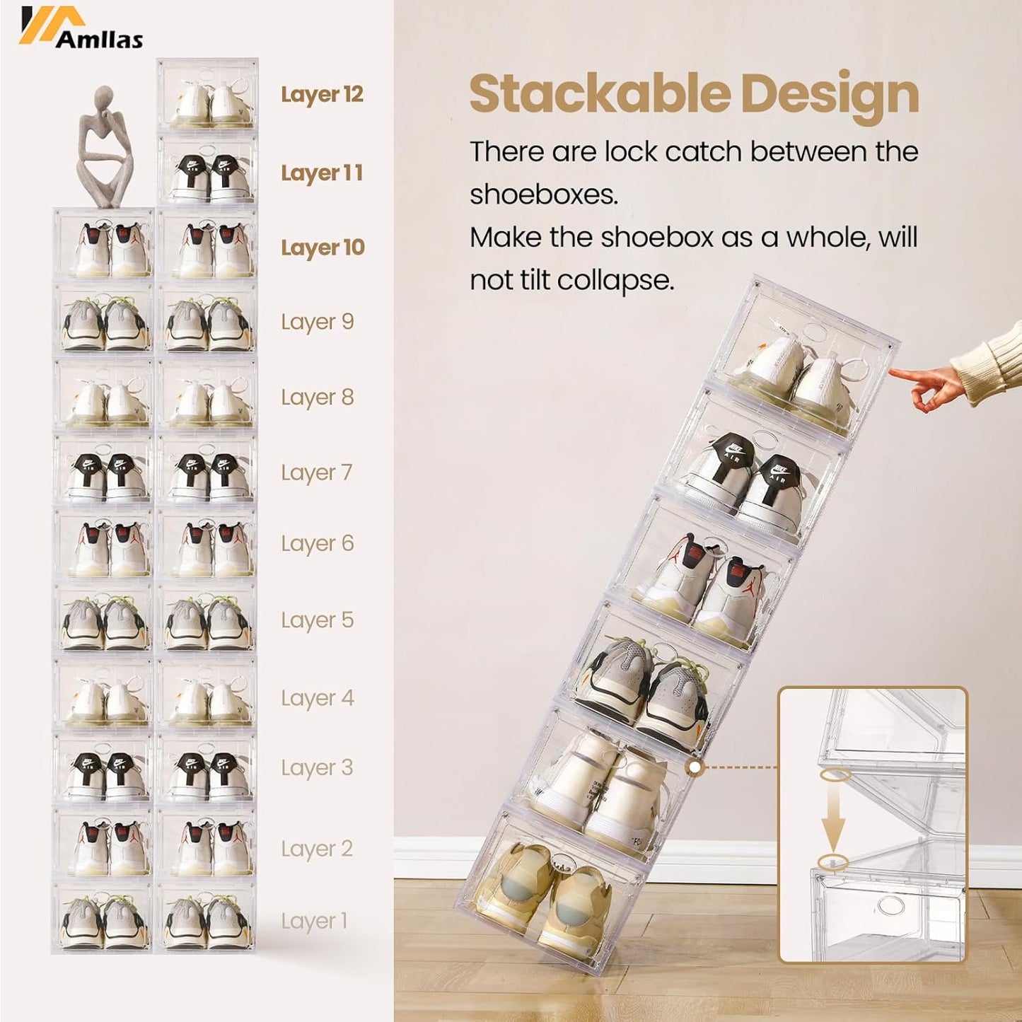 12 Pack Clear Shoe Boxes Stackable,Shoe Storage Boxes for Closet,Sturdy Shoe Box Storage Containers