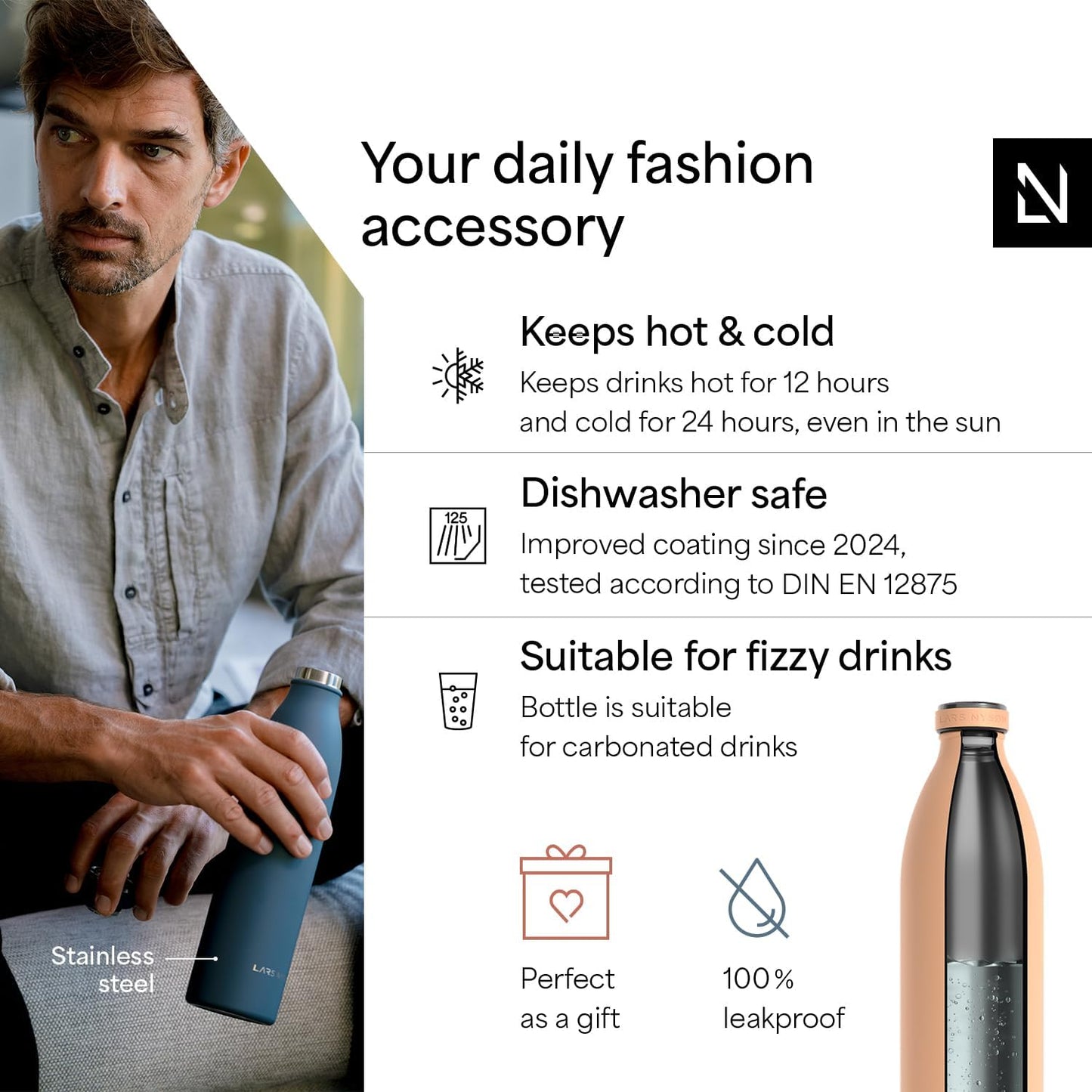 LARS NYSØM Stainless Steel Insulated XL Water Bottle 12oz 17oz 25oz 34oz 51oz | Insulated Thermo