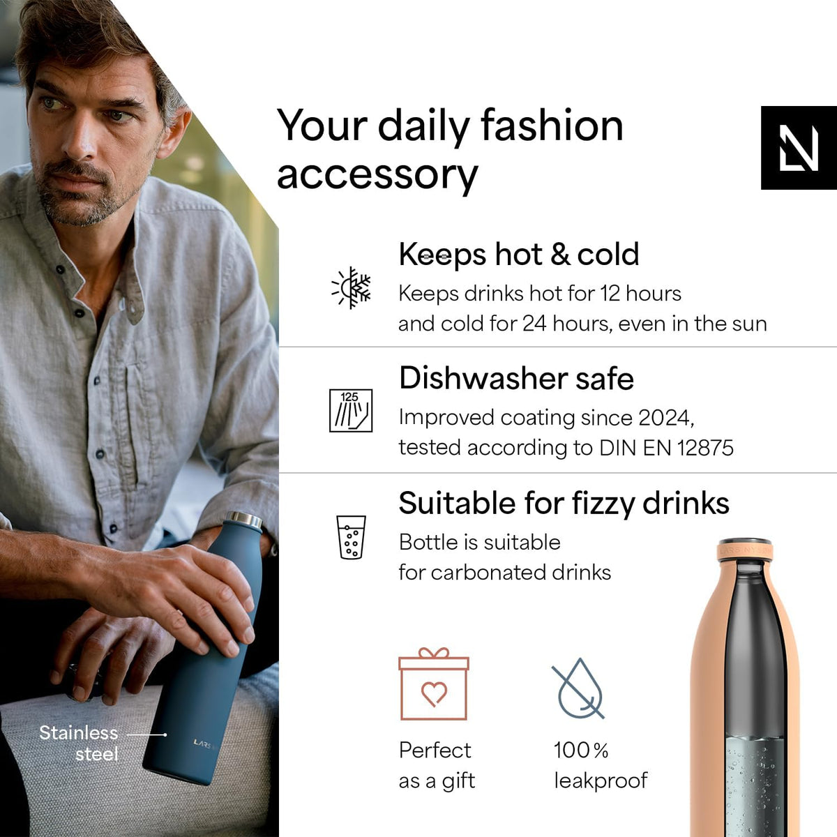 LARS NYSØM Stainless Steel Insulated XL Water Bottle 12oz 17oz 25oz 34oz 51oz | Insulated Thermo