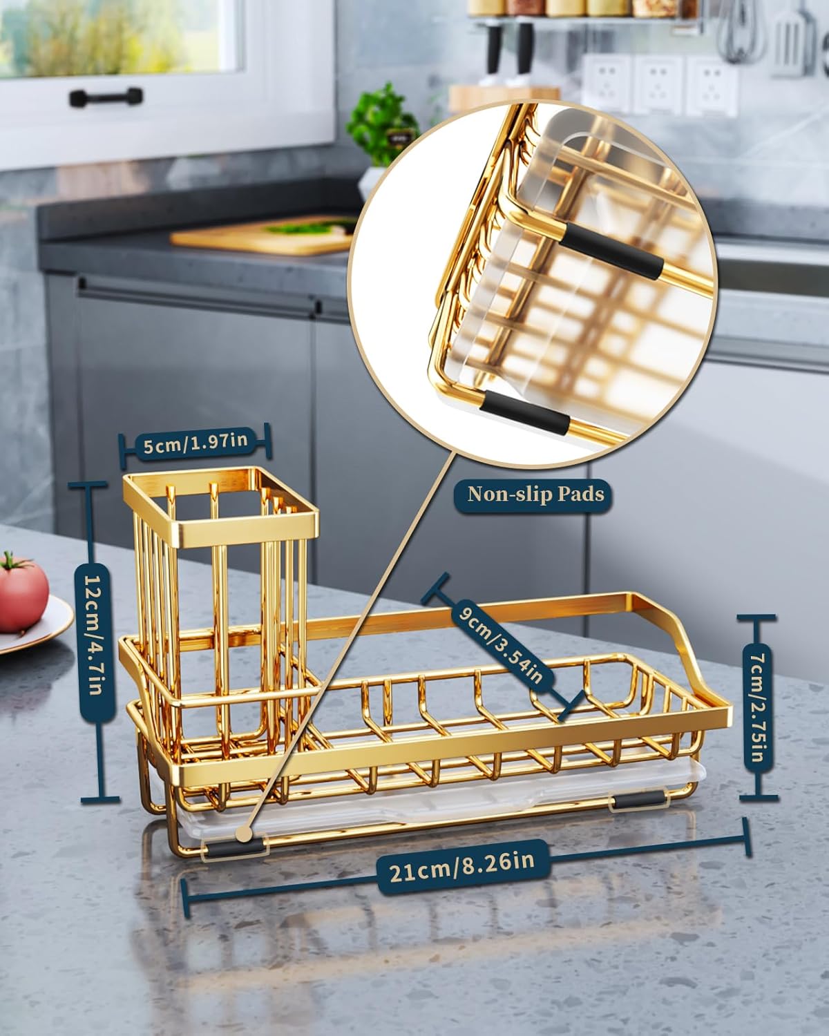 Consumest Sink Caddy, Kitchen Sponge Holder with Dish Brush Holder, Kitchen Sink Organizer with